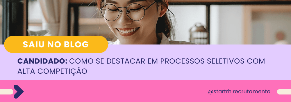 Mulher de óculos sorrindo enquanto lê, com o título do artigo: “Candidato: como se destacar em processos seletivos com alta competição”