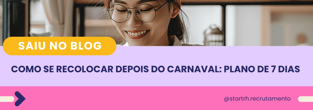 Mulher de óculos sorrindo enquanto lê, com o título do artigo: “Como se recolocar depois do Carnaval: plano de 7 dias”