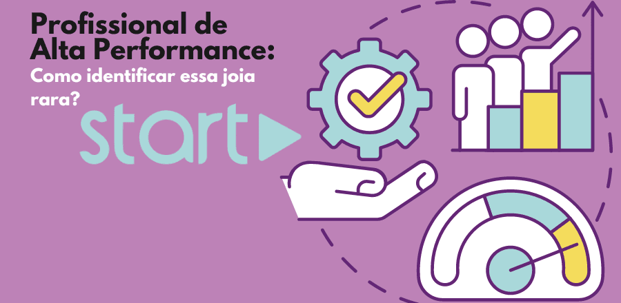 Ilustração em lilás com ícones de engrenagem, pessoas, gráfico de barras e medidor e o título “Profissional de alta performance: como identificar essa joia rara?”